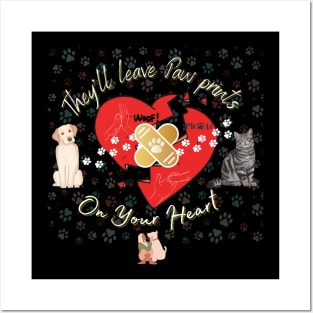 Pet lover Dog and Cat Paw prints on Your heart Posters and Art